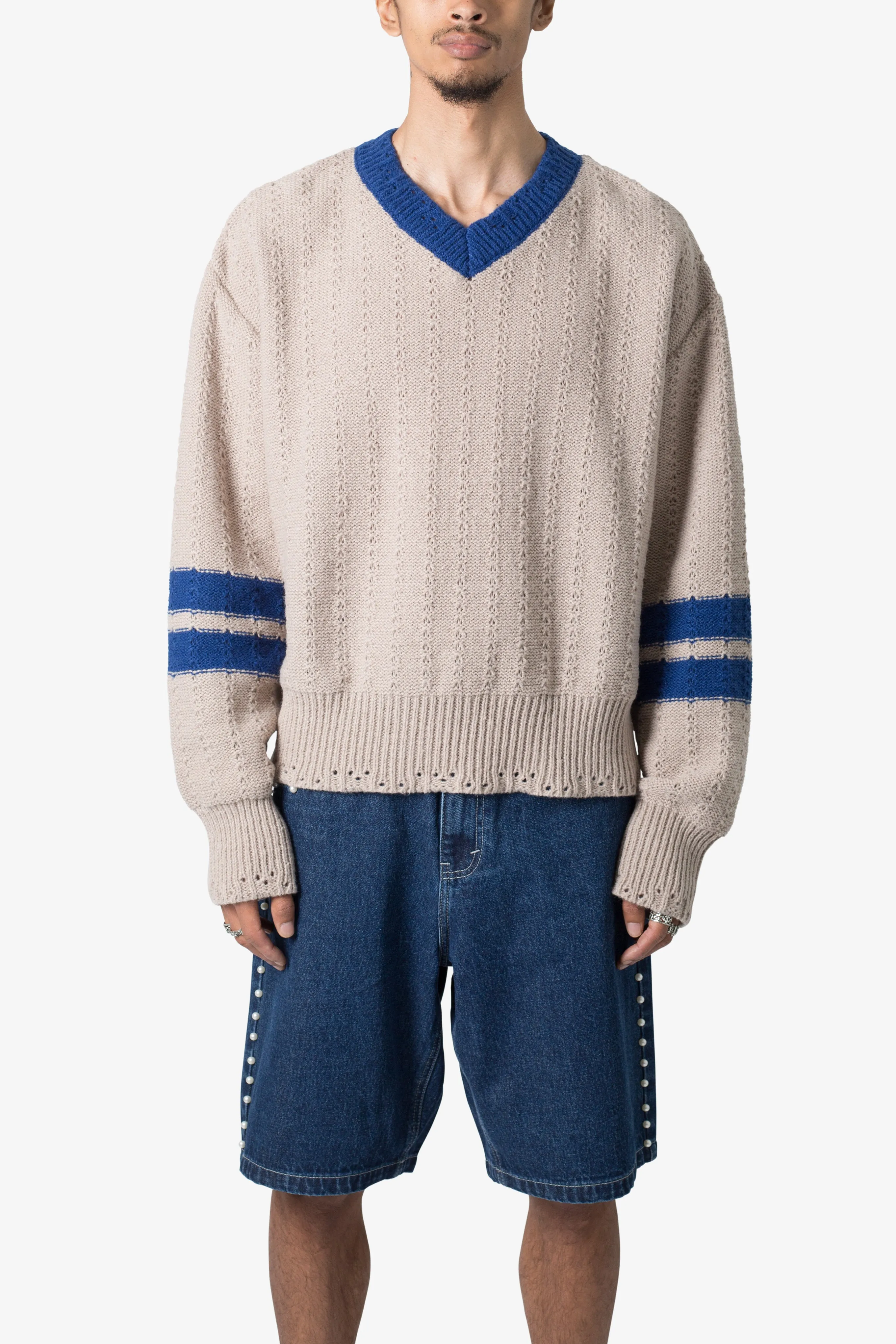 Varsity V Neck Sweater - Off White/Blue sold by MNML