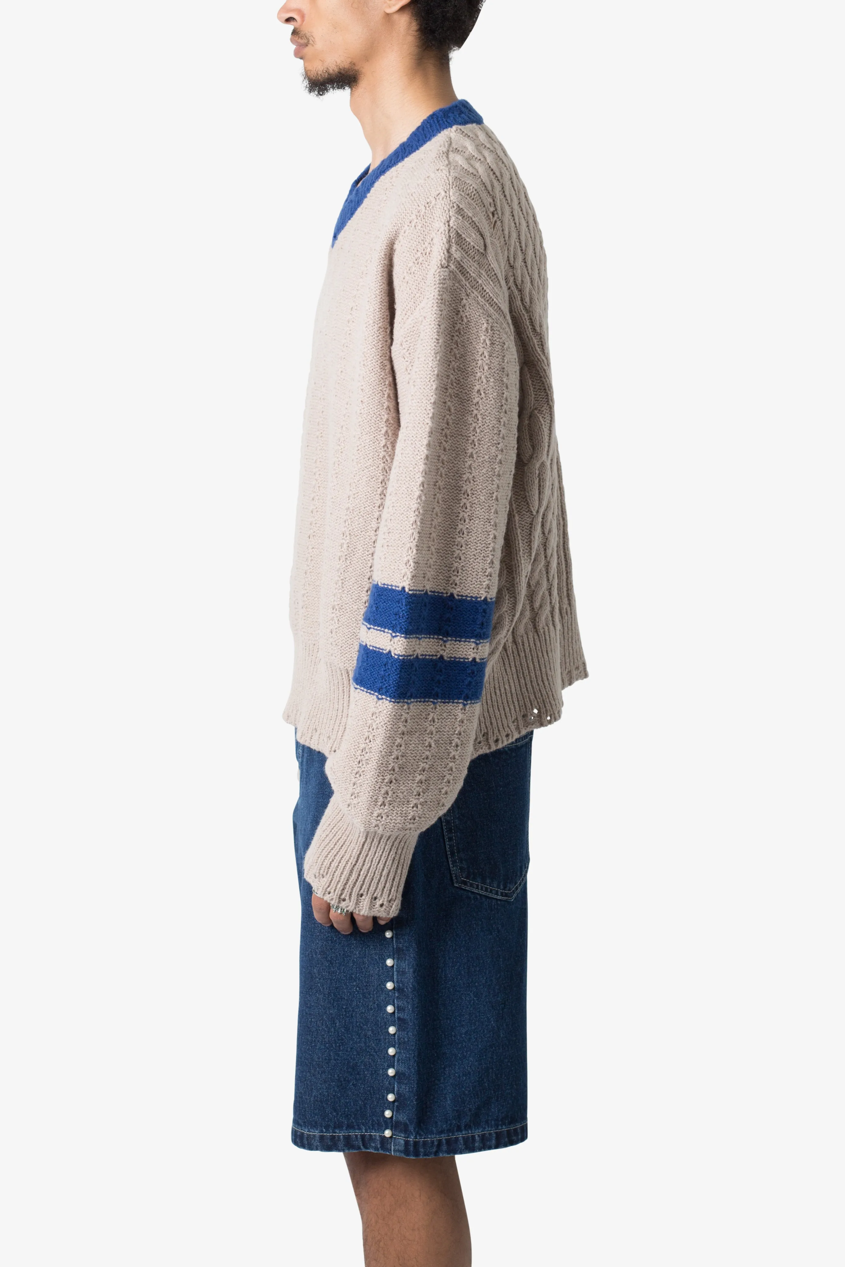 Varsity V Neck Sweater - Off White/Blue sold by MNML product image thumbnail 4