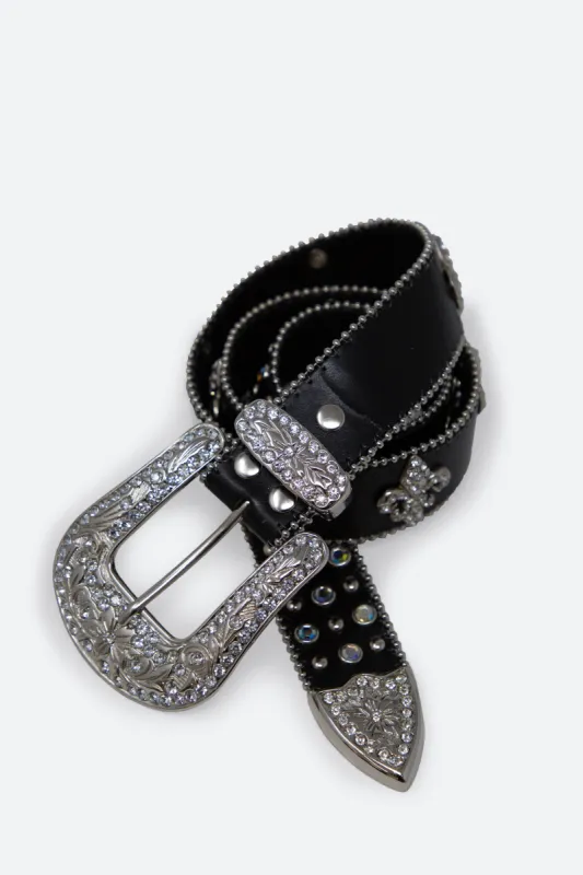 Fleur Studded Rhinestone Belt - Black sold by MNML