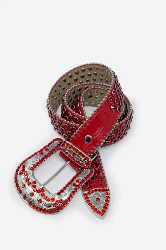 All Over Rhinestone Studded Belt - Red sold by MNML