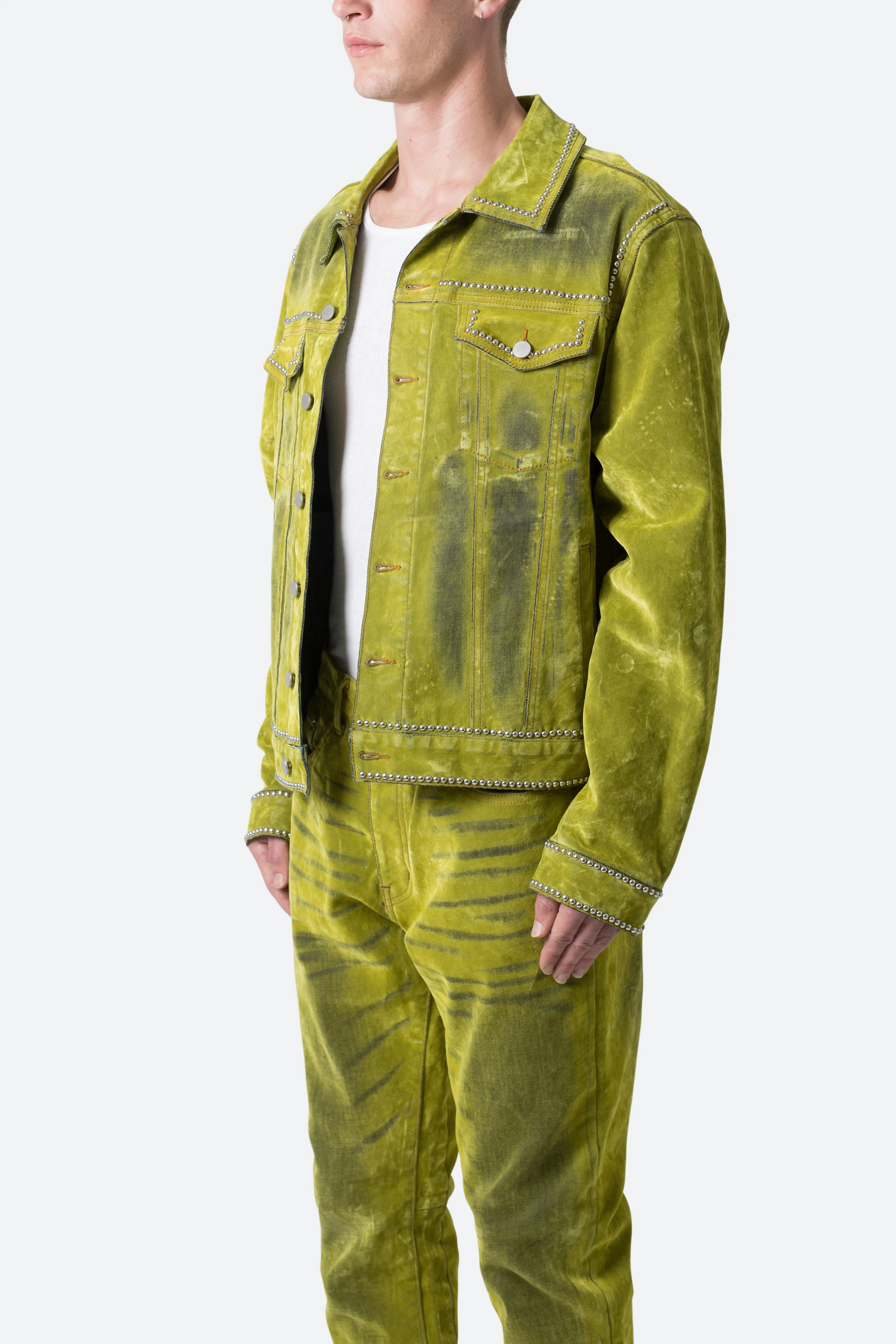 Studded Suede Denim Jacket - Green sold by MNML product image thumbnail 4