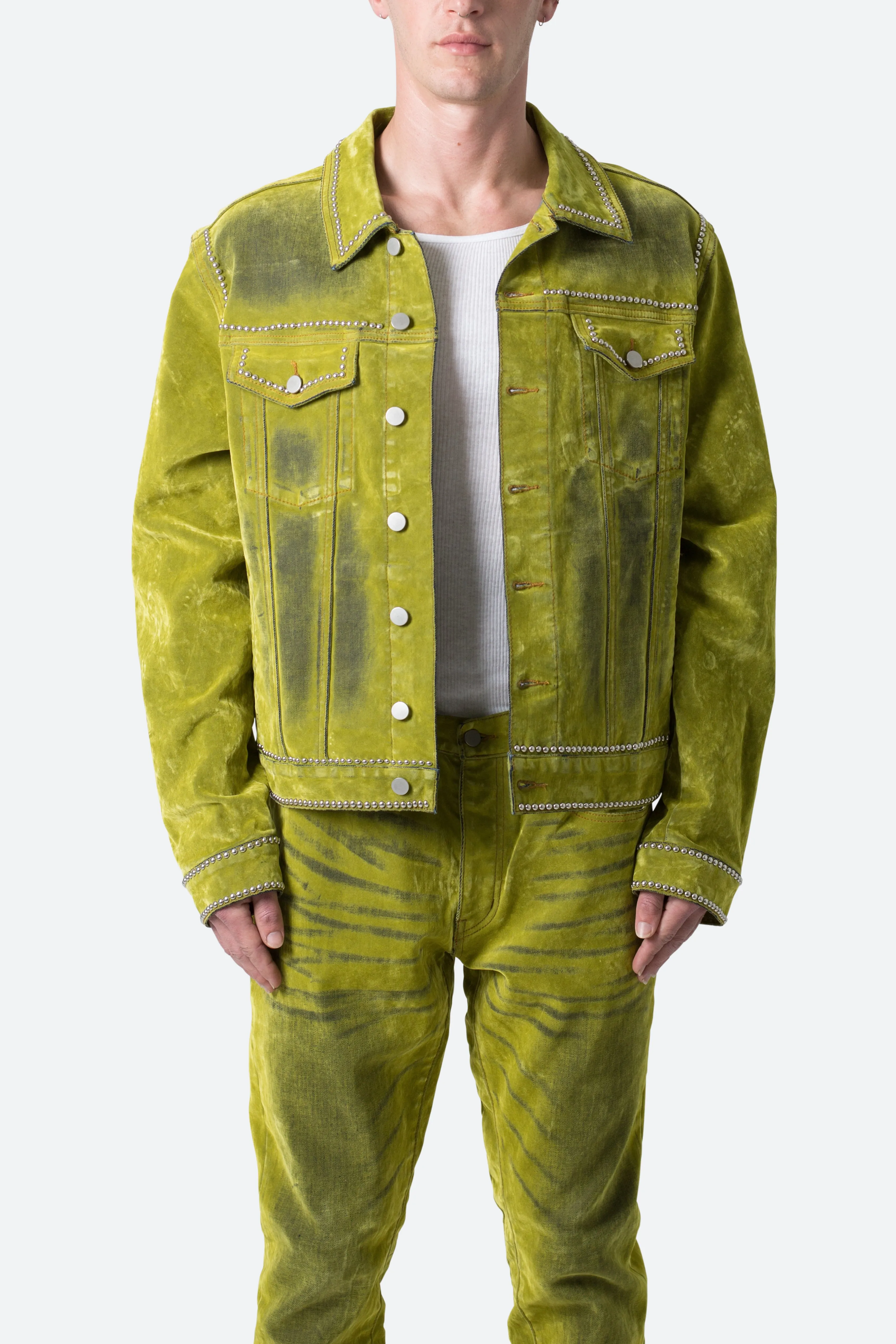 Studded Suede Denim Jacket - Green sold by MNML