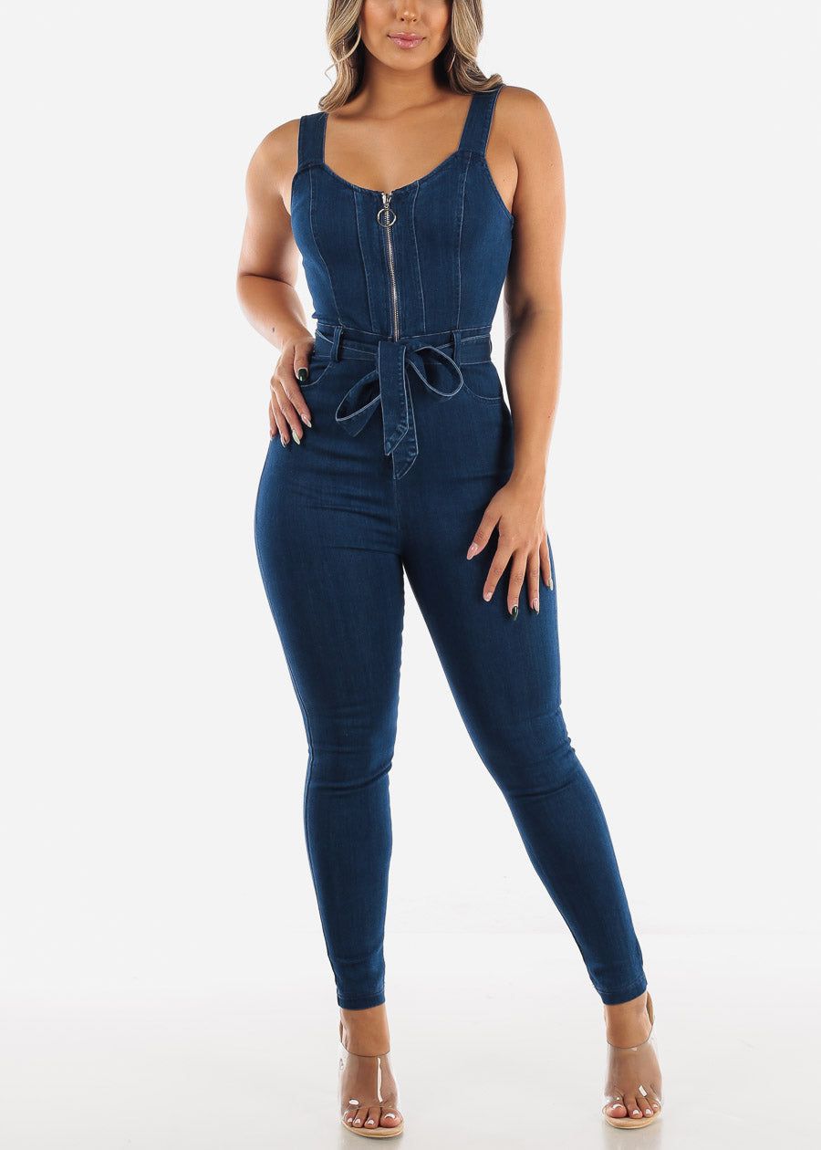 Sleeveless Denim Jumpsuit Dark Wash Belted sold by Moda