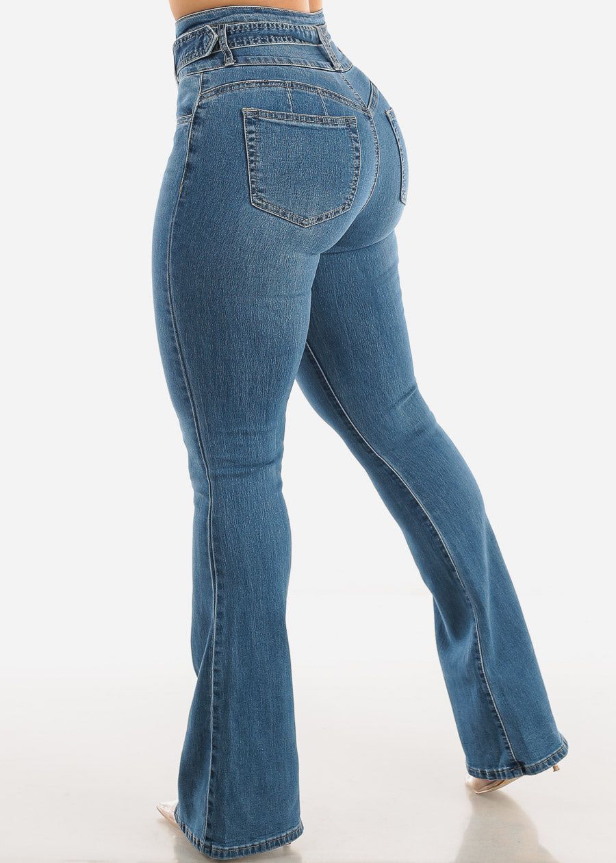 Super High Waisted Butt Lifting Blue Wash Flared Jeans sold by Moda