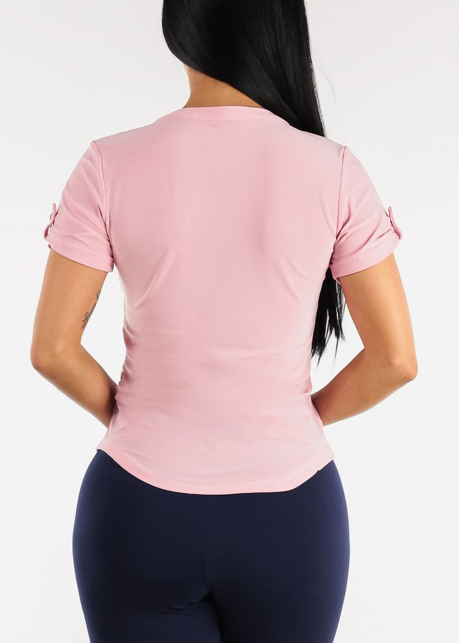 Short Sleeve Half Button Up Blouse Pink sold by Moda product image thumbnail 4