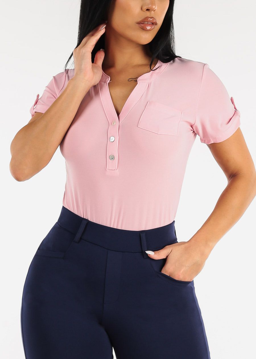 Short Sleeve Half Button Up Blouse Pink sold by Moda