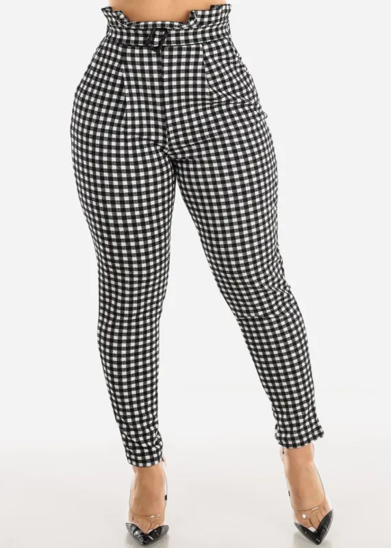 Paperbag Waist Plaid Dressy Skinny Pants Black & White sold by Moda