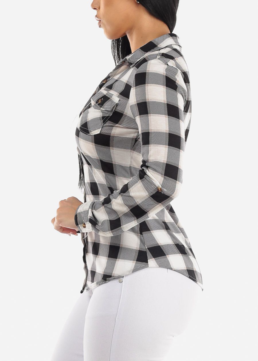 Long Sleeve Button Up Plaid Shirt Ivory & Black sold by Moda product image thumbnail 3