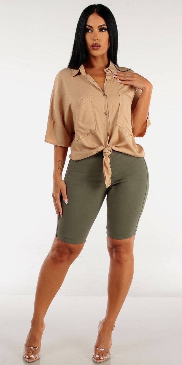 High Rise Hyper Stretch Olive Bermuda Shorts with Khaki Button Up Tunic Shirt sold by Moda