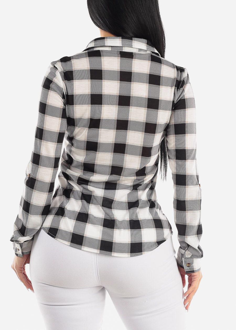 Long Sleeve Button Up Plaid Shirt Ivory & Black sold by Moda product image thumbnail 4