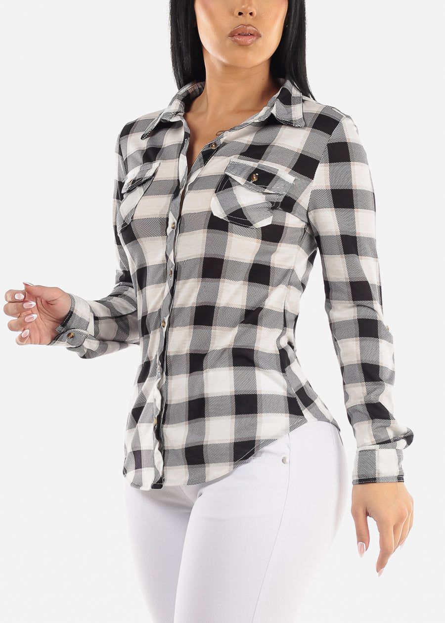 Long Sleeve Button Up Plaid Shirt Ivory & Black sold by Moda
