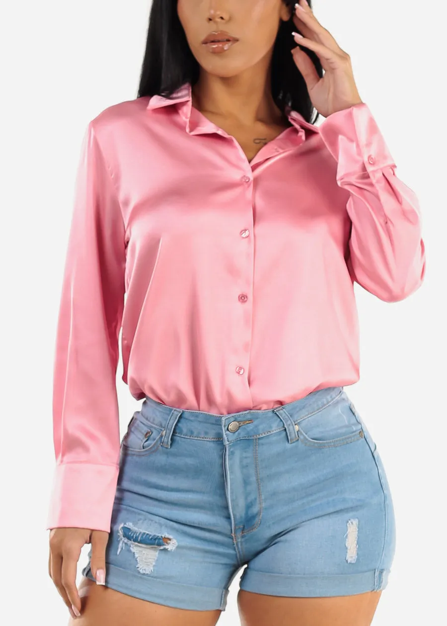 Satin Long Sleeve Button Down Collared Blouse pink sold by Moda product image thumbnail 5