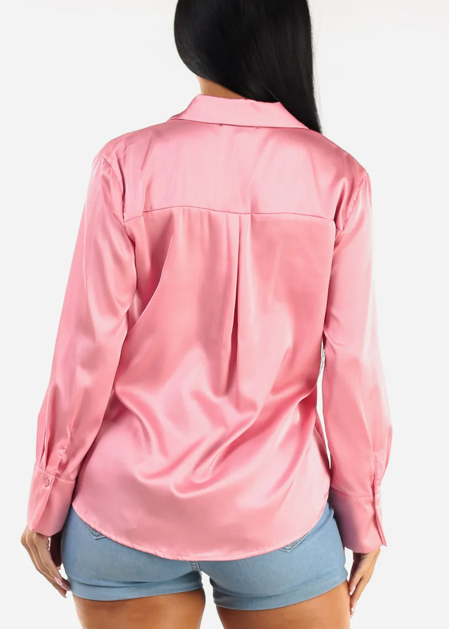 Satin Long Sleeve Button Down Collared Blouse pink sold by Moda product image thumbnail 4