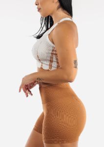 Ribbed Tie Dye Seamless Active Cropped Top White & Brown sold by Moda