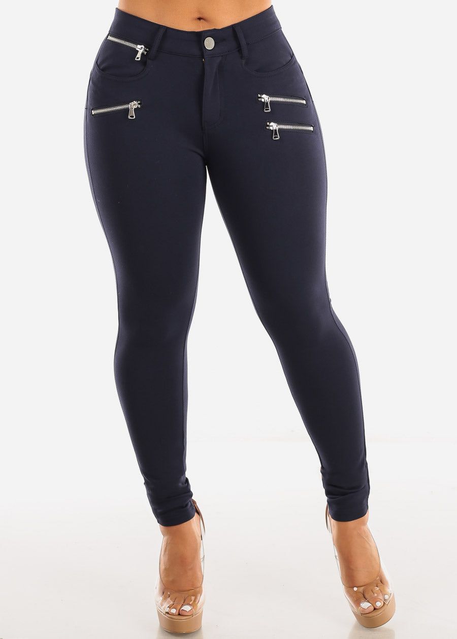 Mid Rise Navy Skinny Pants w Zipper Detail sold by Moda