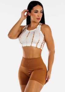 Ribbed Tie Dye Seamless Active Cropped Top White & Brown sold by Moda