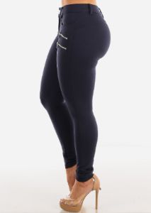Mid Rise Navy Skinny Pants w Zipper Detail sold by Moda