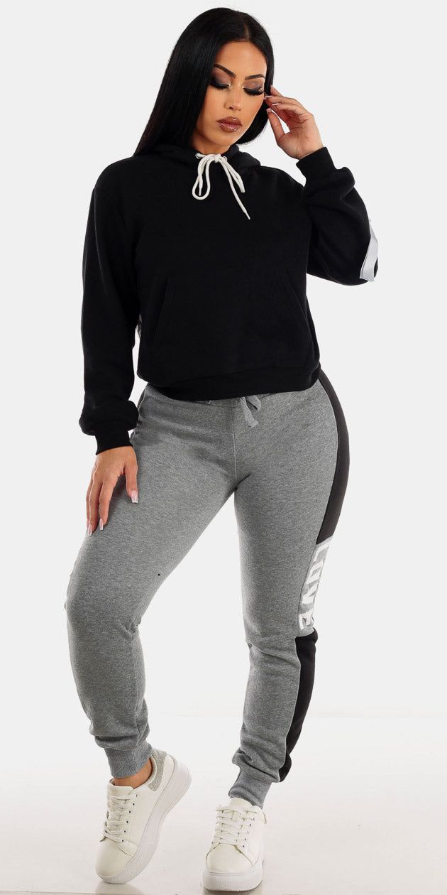 Grey High Waisted Fleece Jogger Pants with Black Long Sleeve Fleece Pullover Hoodie sold by Moda