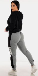 Grey High Waisted Fleece Jogger Pants with Black Long Sleeve Fleece Pullover Hoodie sold by Moda