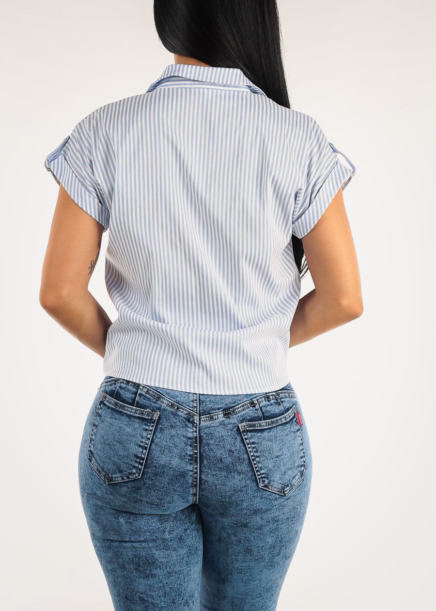 Blue Striped Short Sleeve Button Up Blouse with Front Tie sold by Moda product image thumbnail 4