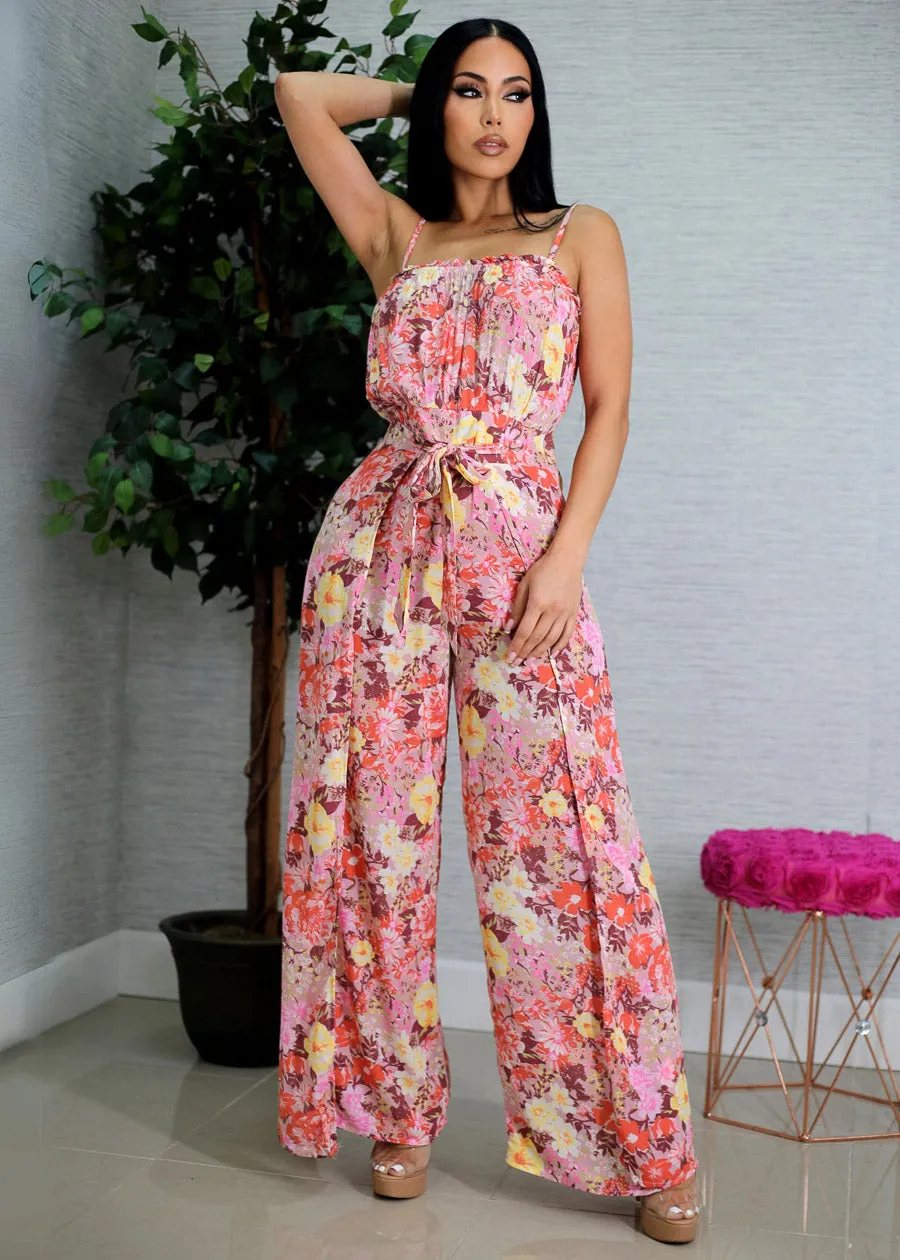 Sleeveless Floral Front Tie Jumpsuit w Slit Sides sold by Moda