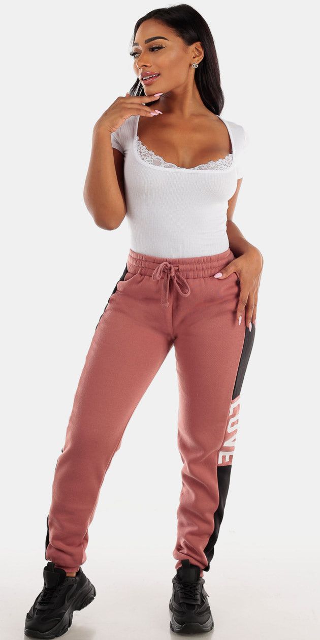 High Rise Mauve Fleece Sweatpants with Square Neck Short Sleeve White Top sold by Moda
