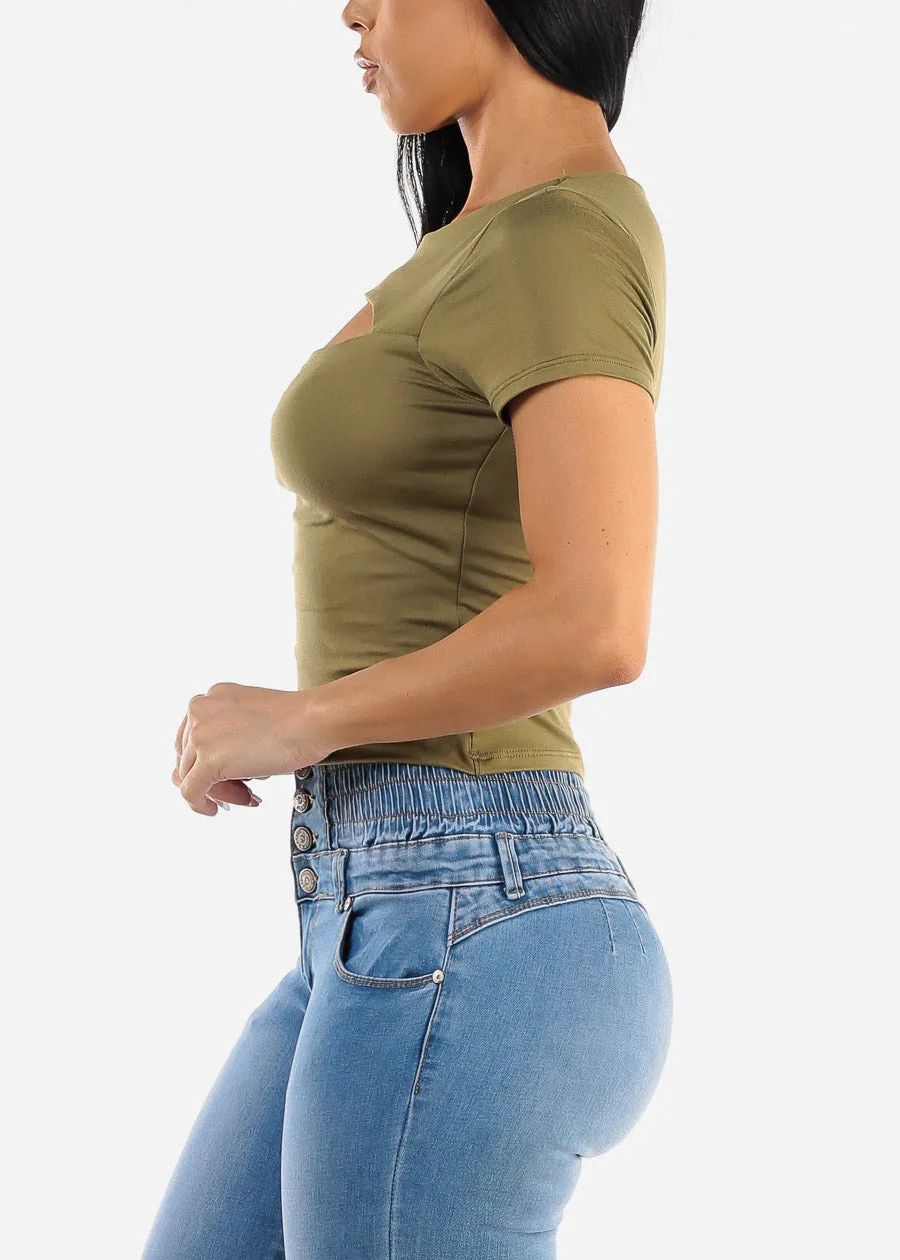 Short Sleeve Cut Out Double Layered Crop Top Olive sold by Moda product image thumbnail 3