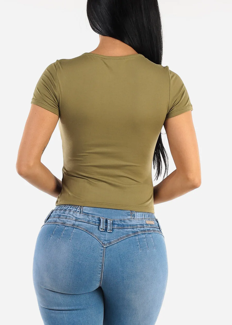 Short Sleeve Cut Out Double Layered Crop Top Olive sold by Moda product image thumbnail 4