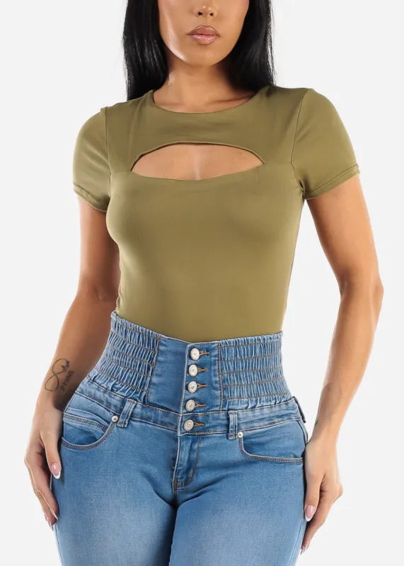 Short Sleeve Cut Out Double Layered Crop Top Olive sold by Moda