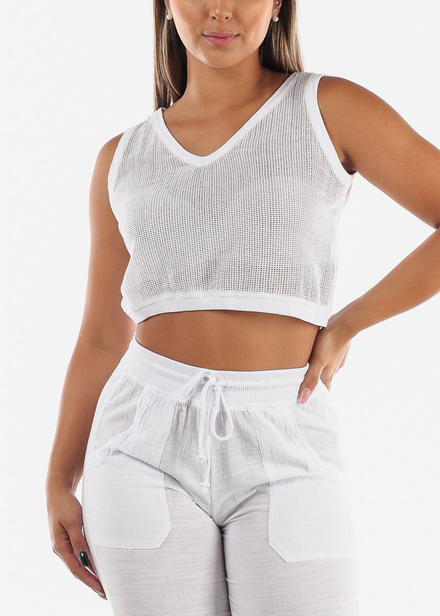 Linen Pima Cotton White Mesh Sleeveless Crop Top sold by Moda product image thumbnail 3