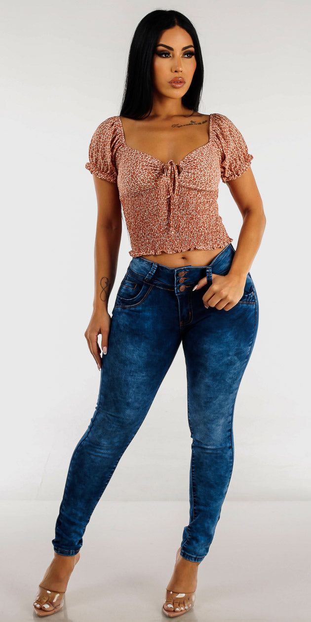 Mid Rise Acid Wash Butt Lift Skinny Jeans with Off Shoulder Floral Blouse sold by Moda product image thumbnail 2