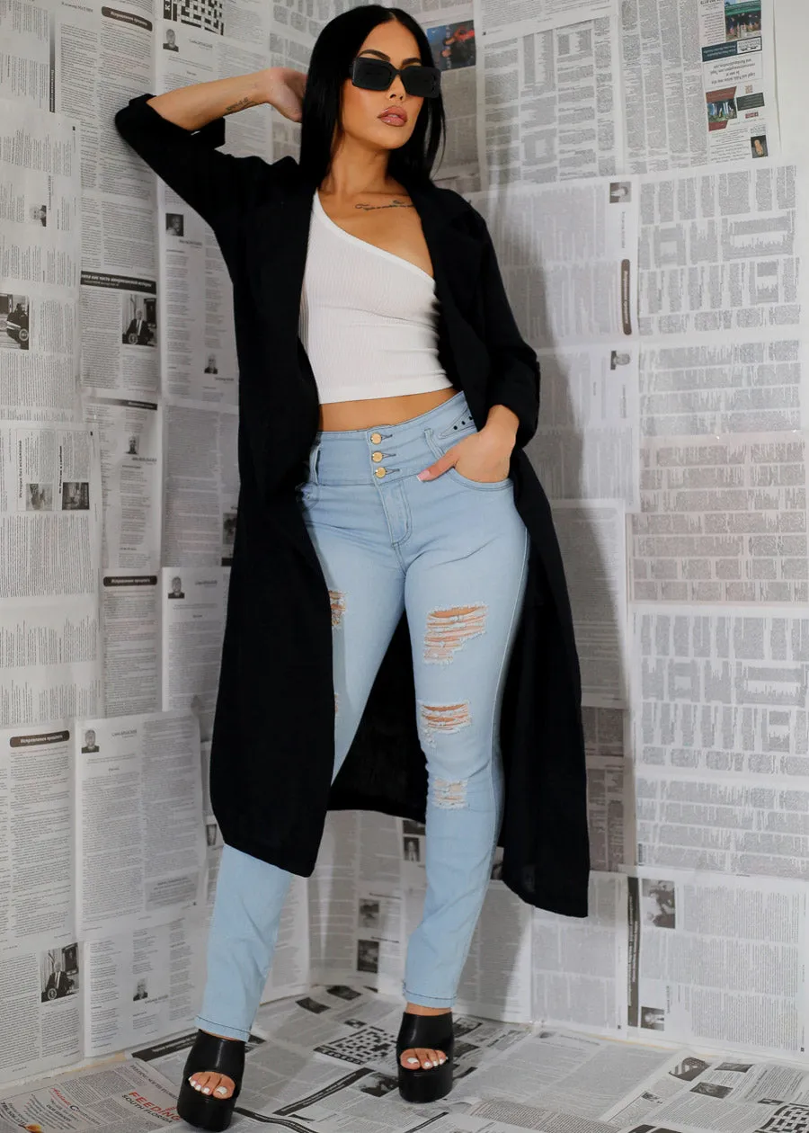 Long Sleeve Black Trench Coat w Pockets sold by Moda