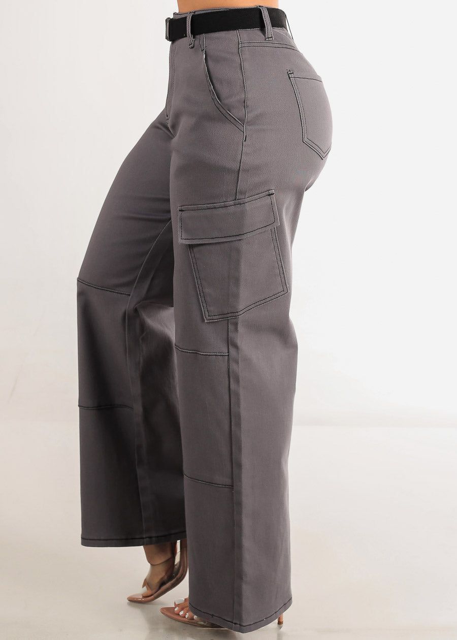 High Waist Straight Wide Leg Cargo Pants Charcoal sold by Moda product image thumbnail 3