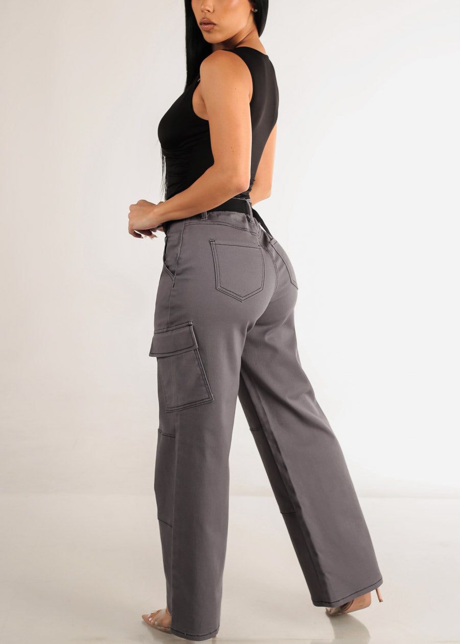 High Waist Straight Wide Leg Cargo Pants Charcoal sold by Moda product image thumbnail 5