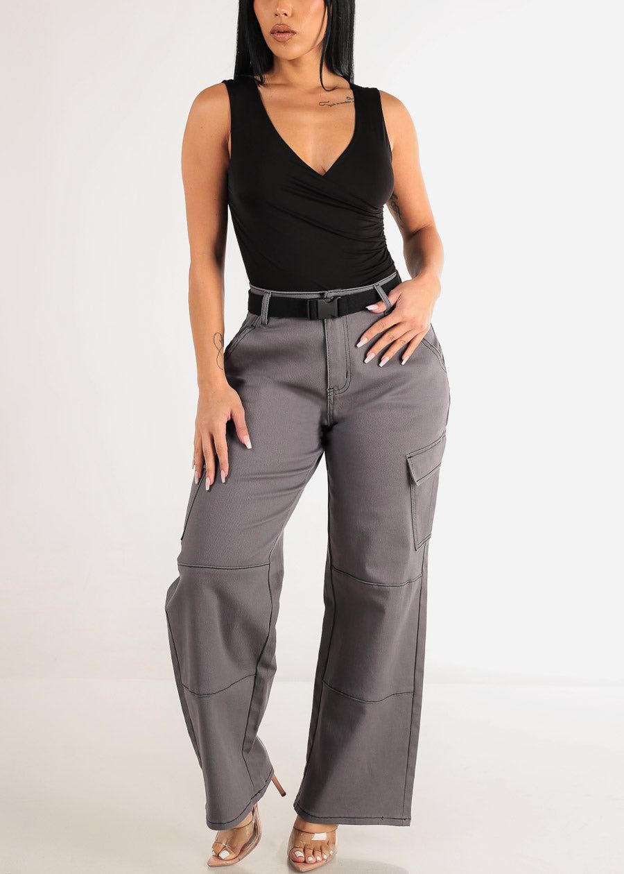 High Waist Straight Wide Leg Cargo Pants Charcoal sold by Moda product image thumbnail 2