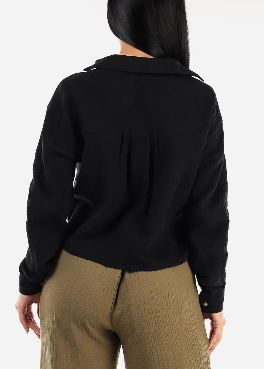 Long Sleeve Button Up Cropped Cotton Shirt Black sold by Moda product image thumbnail 4