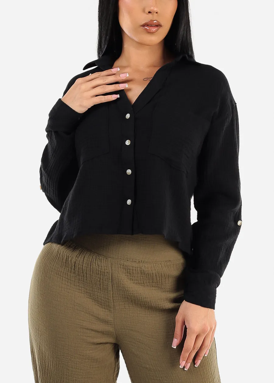 Long Sleeve Button Up Cropped Cotton Shirt Black sold by Moda