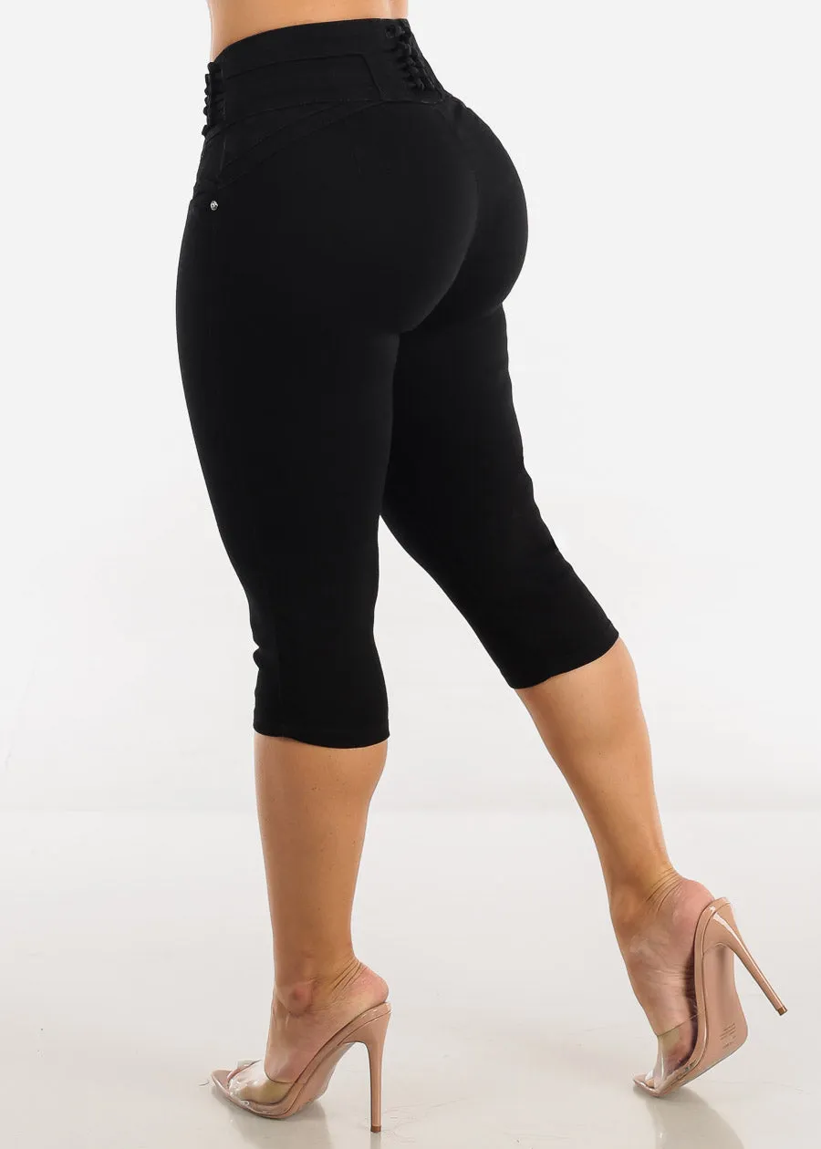 Mid Rise Black Butt Lifting Denim Capris sold by Moda