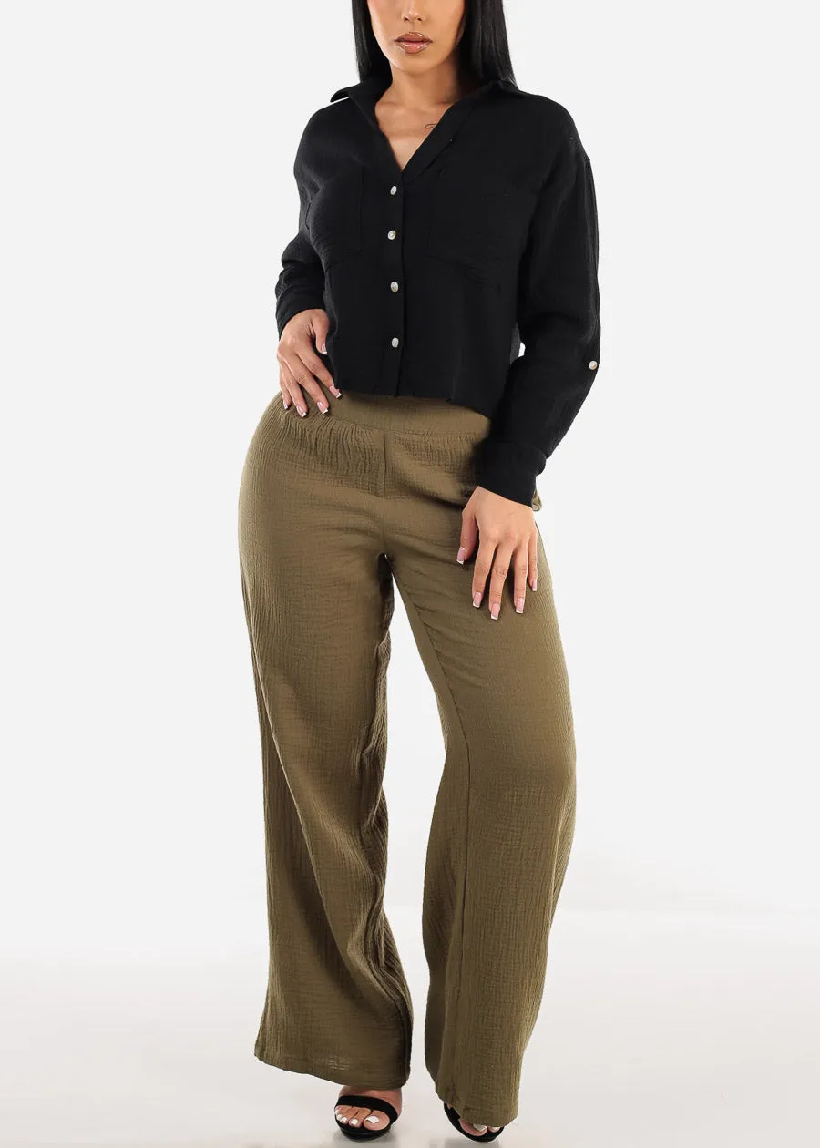 Long Sleeve Button Up Cropped Cotton Shirt Black sold by Moda product image thumbnail 2