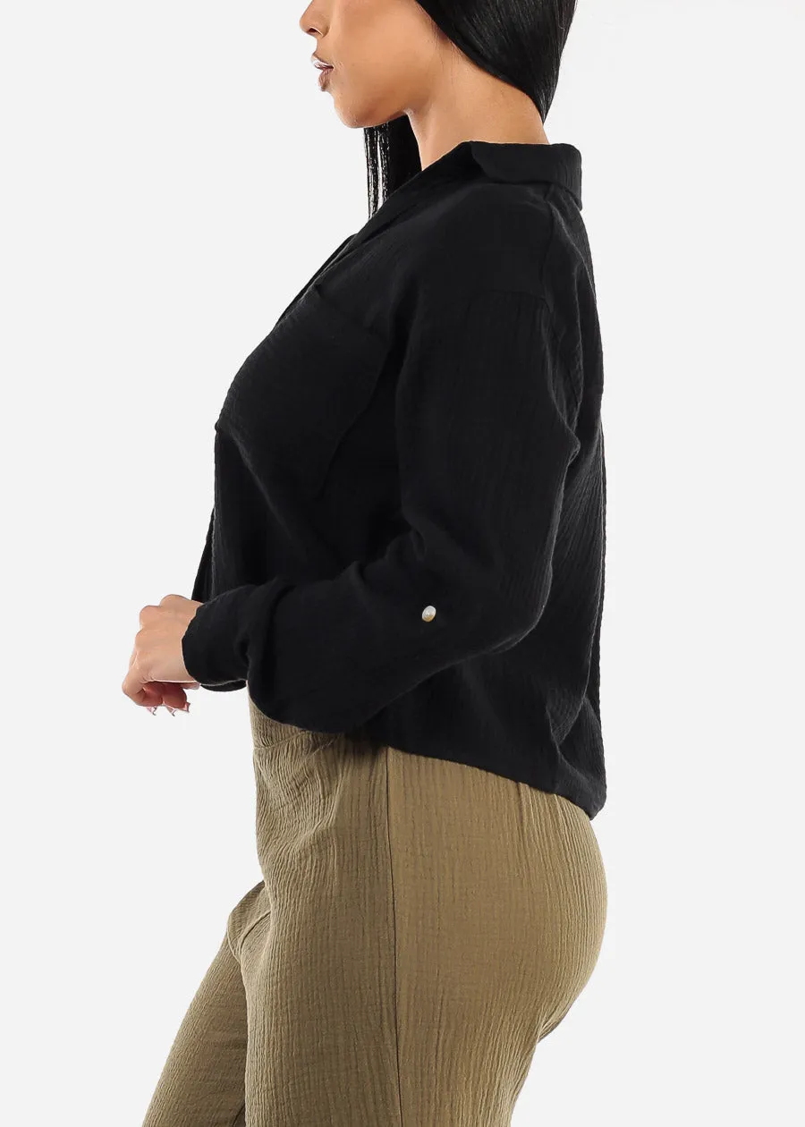 Long Sleeve Button Up Cropped Cotton Shirt Black sold by Moda product image thumbnail 3