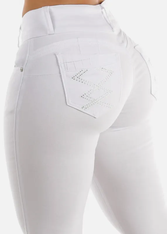 MX JEANS Mid Rise White Levantacola Skinny Jeans sold by Moda