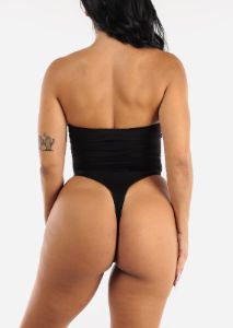 Black Strapless Thong Bodysuit w Lace Up Front sold by Moda