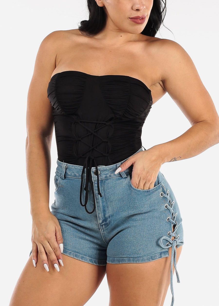 Black Strapless Thong Bodysuit w Lace Up Front sold by Moda