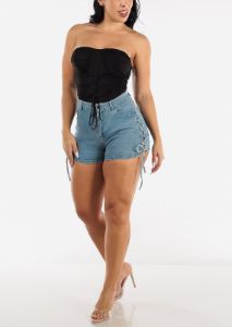 Black Strapless Thong Bodysuit w Lace Up Front sold by Moda
