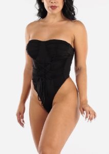 Black Strapless Thong Bodysuit w Lace Up Front sold by Moda