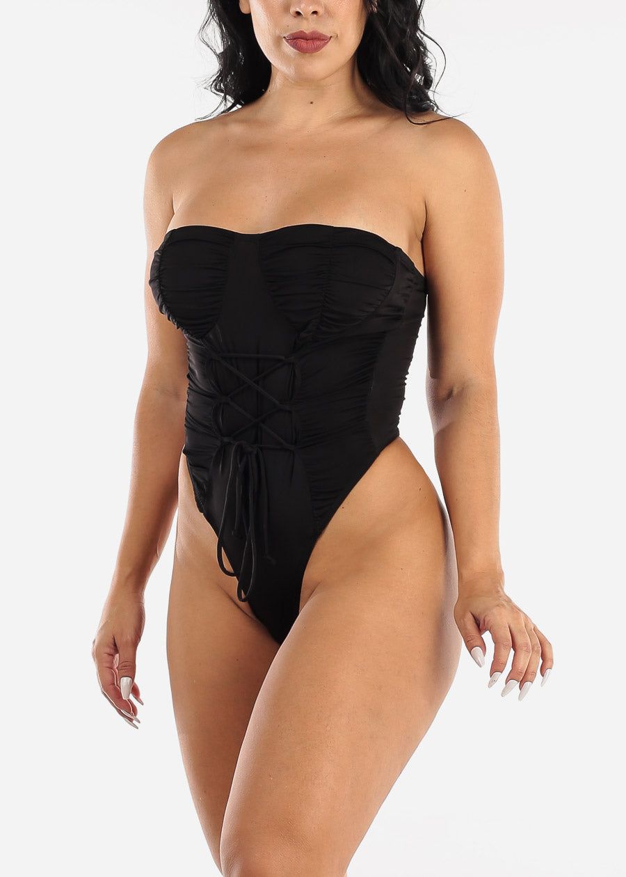 Black Strapless Thong Bodysuit w Lace Up Front sold by Moda product image thumbnail 2
