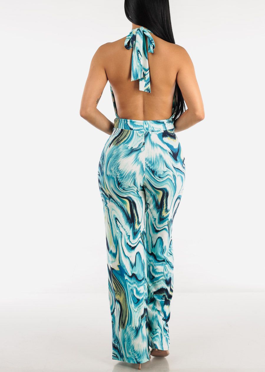 Plunge Neckline Halter Blue Tie Dye Jumpsuit sold by Moda product image thumbnail 4