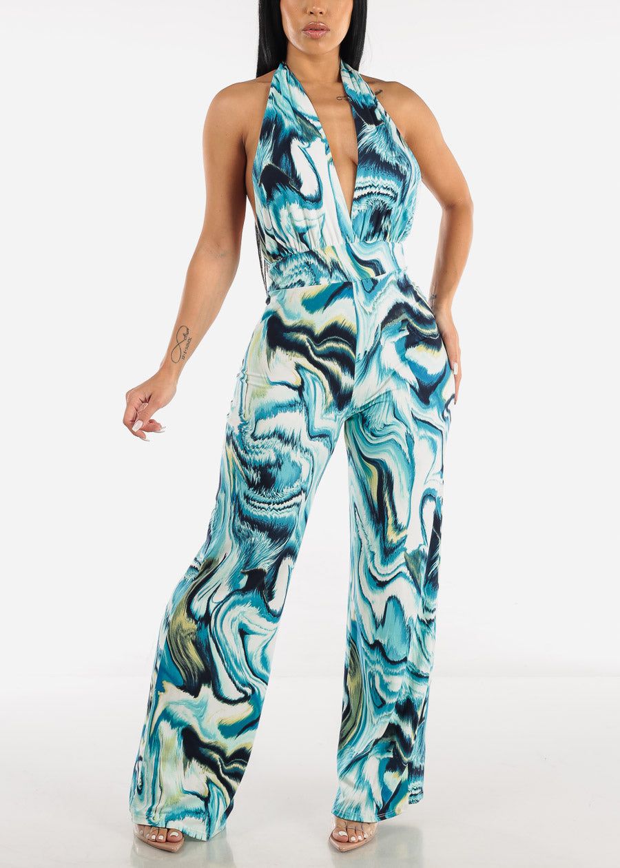 Plunge Neckline Halter Blue Tie Dye Jumpsuit sold by Moda