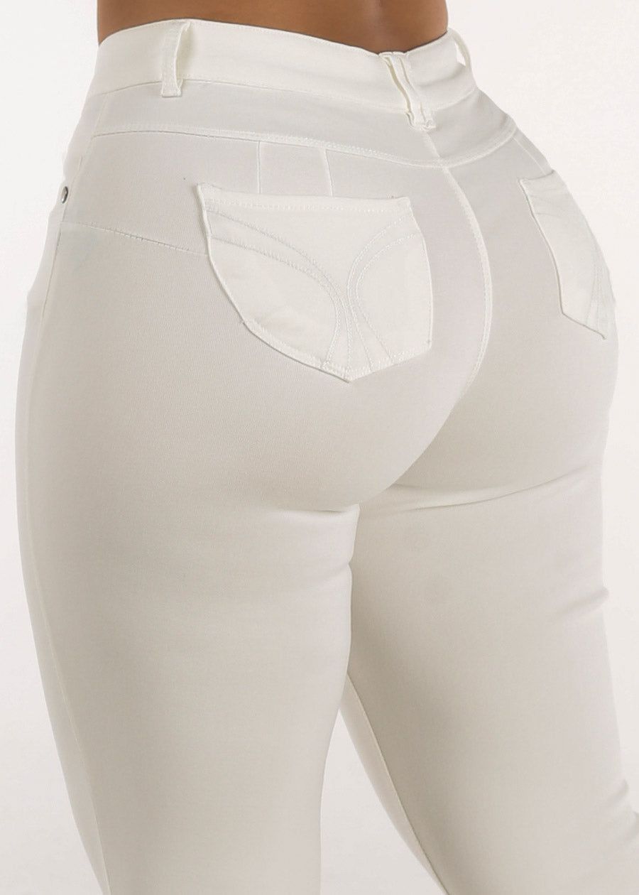 White Mid Rise High Stretch Butt Lifting Skinny Pants sold by Moda