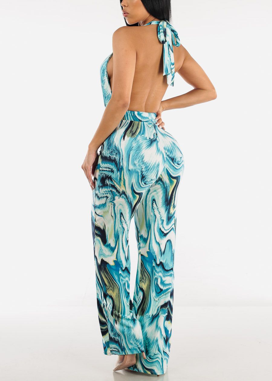Plunge Neckline Halter Blue Tie Dye Jumpsuit sold by Moda product image thumbnail 2